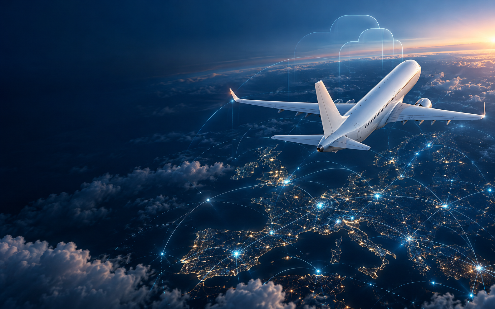 Aeromobile in volo sopra una rete europea di collegamenti digitali